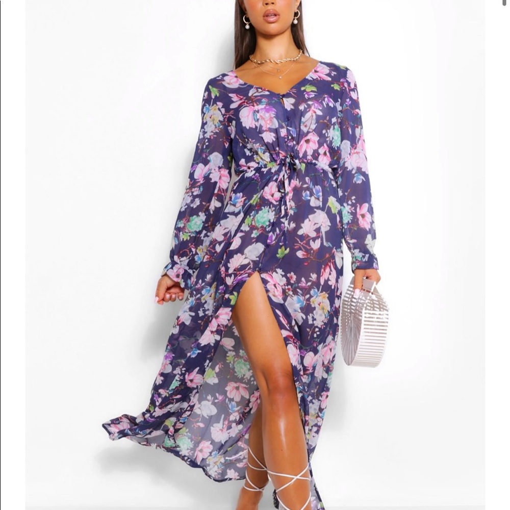 Boohoo Sheer V Neck Front Split Maxi Dress